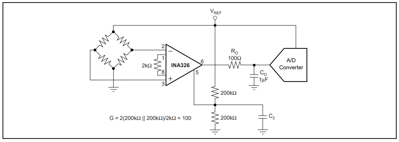 INA326 amplifier drawing setup for use with wheatstone bridge.