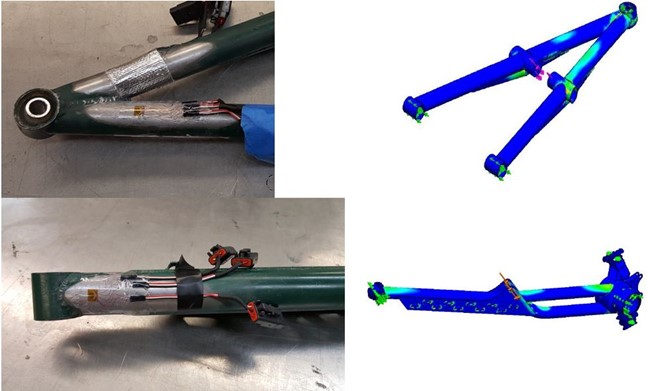 Image of strain gages mounted to suspension arms with FEA.